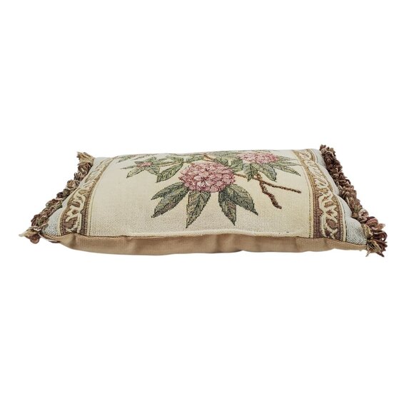 Floral Tapestry Chenille Throw Pillow Fringe Rectangular Beige Pink Hydrangea - Picture 4 of 6